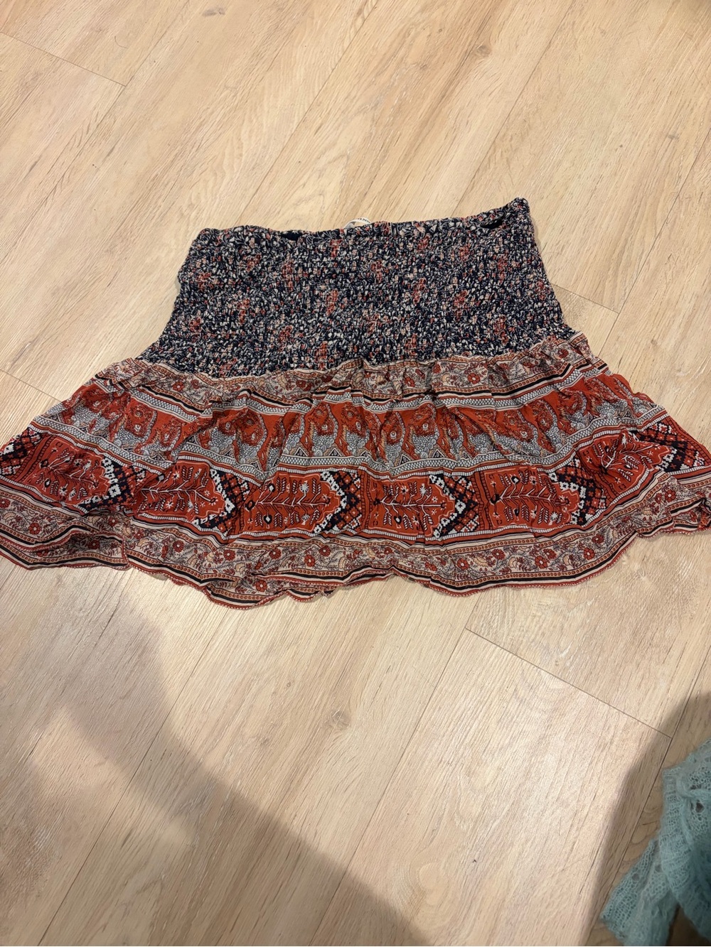 Ulla Johnson Rust and Navy Smocked Tiered Skirt